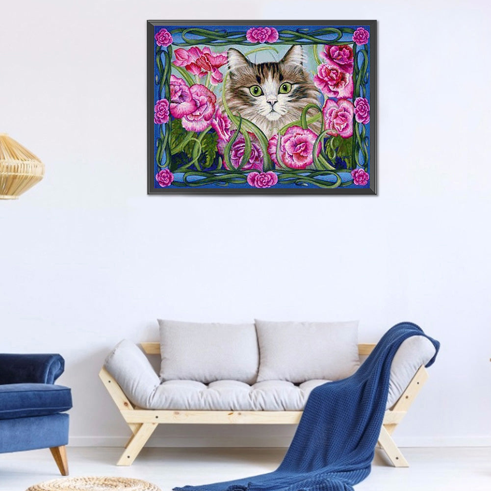 Flower Cat - Full Round Drill Diamond Painting 40*30CM