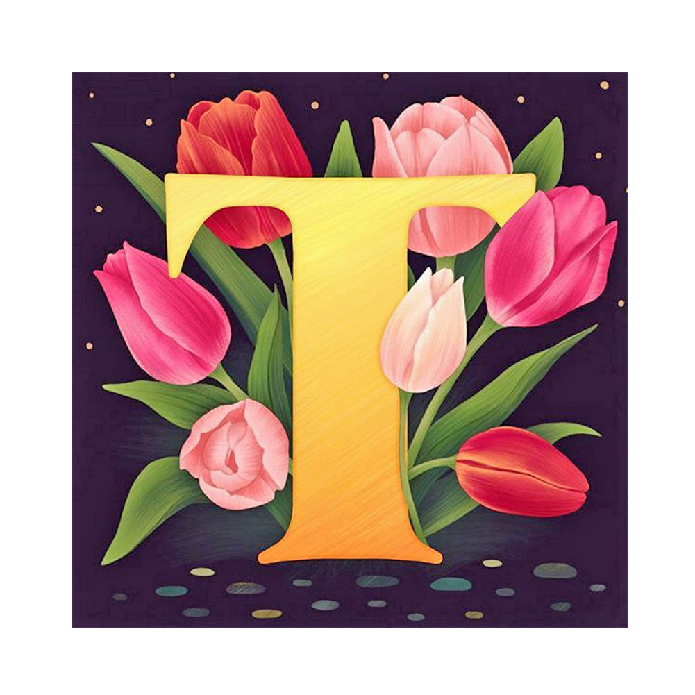 Flower Letter T - Full Round Drill Diamond Painting 30*30CM