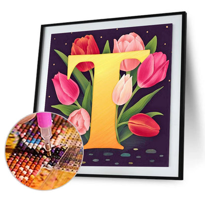 Flower Letter T - Full Round Drill Diamond Painting 30*30CM