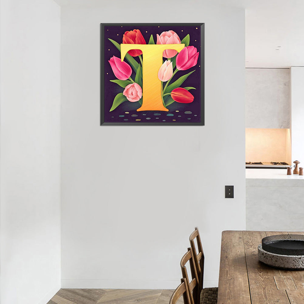 Flower Letter T - Full Round Drill Diamond Painting 30*30CM
