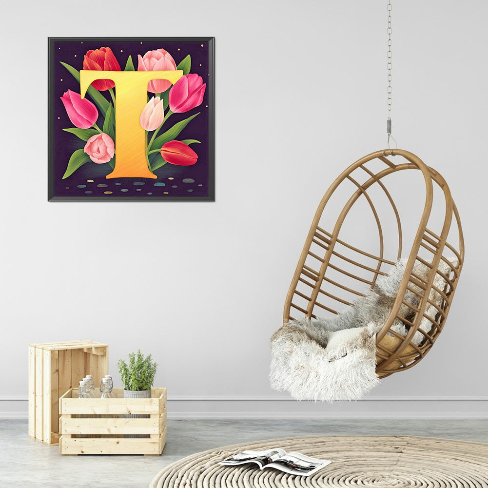Flower Letter T - Full Round Drill Diamond Painting 30*30CM