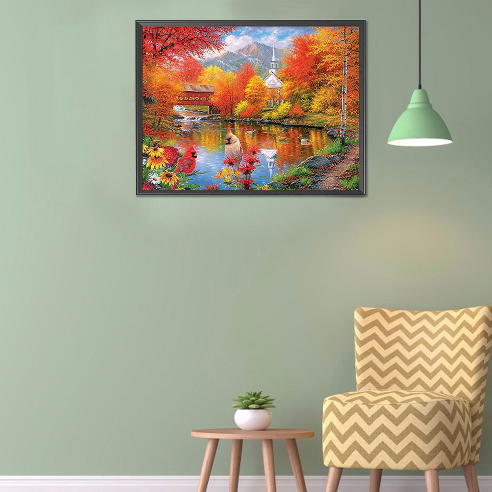 Autumn Lake View - Full Round Drill Diamond Painting 40*30CM