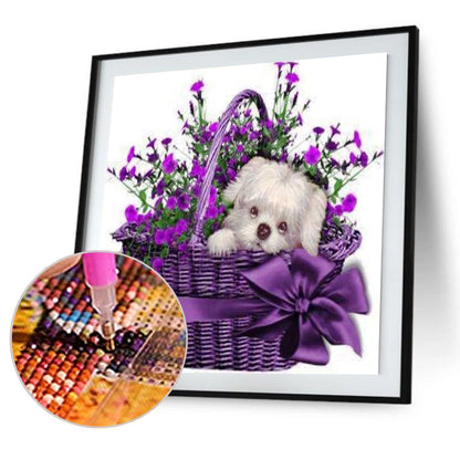 Flower Basket Puppy - Full Round Drill Diamond Painting 30*30CM