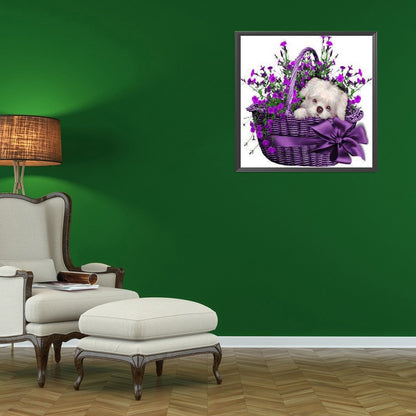 Flower Basket Puppy - Full Round Drill Diamond Painting 30*30CM