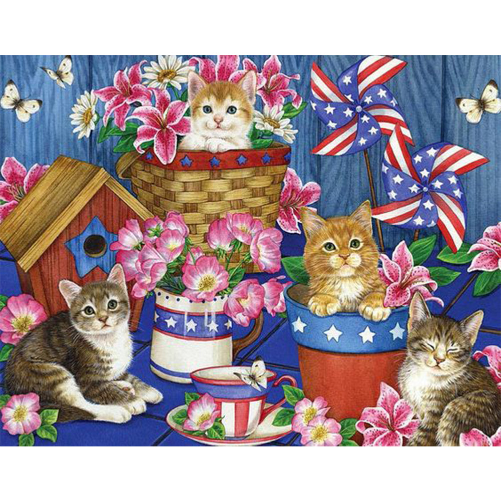 Four Kittens Flag - Full Square Drill Diamond Painting 30*40CM