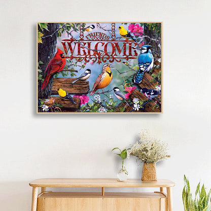 Welcome Letter Flower And Bird Illustration - Full Square Drill Diamond Painting 30*40CM