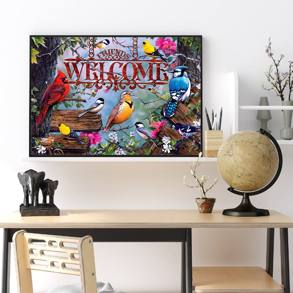 Welcome Letter Flower And Bird Illustration - Full Square Drill Diamond Painting 30*40CM