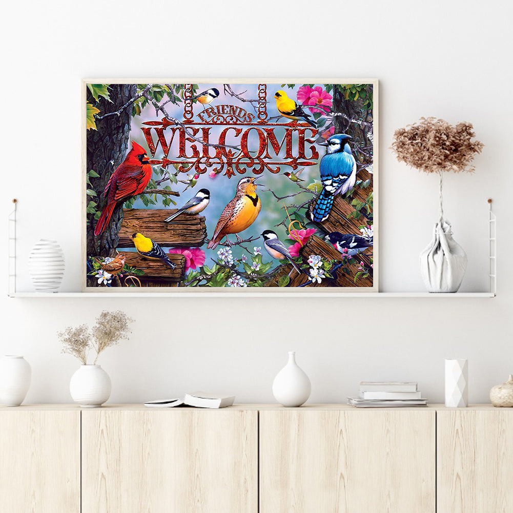 Welcome Letter Flower And Bird Illustration - Full Square Drill Diamond Painting 30*40CM