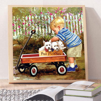 Little Boy With Pulling Cart - Full Round Drill Diamond Painting 40*40CM