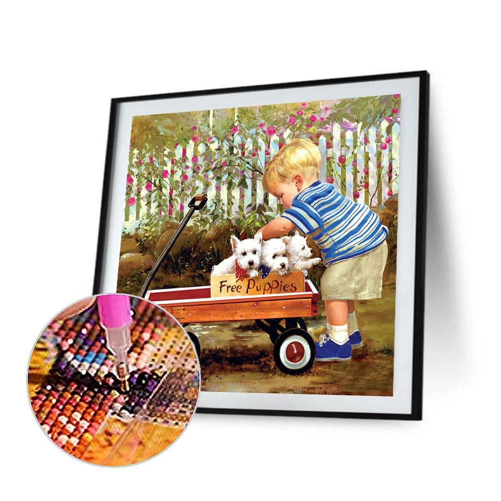 Little Boy With Pulling Cart - Full Round Drill Diamond Painting 40*40CM