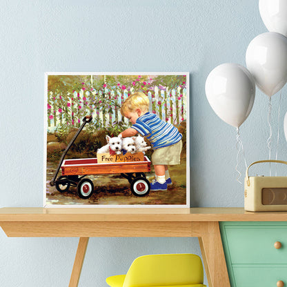 Little Boy With Pulling Cart - Full Round Drill Diamond Painting 40*40CM