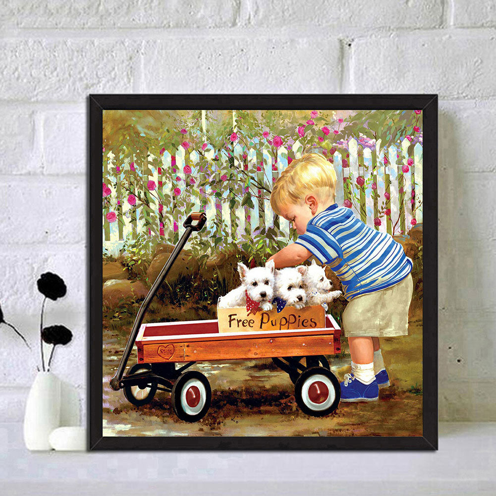 Little Boy With Pulling Cart - Full Round Drill Diamond Painting 40*40CM