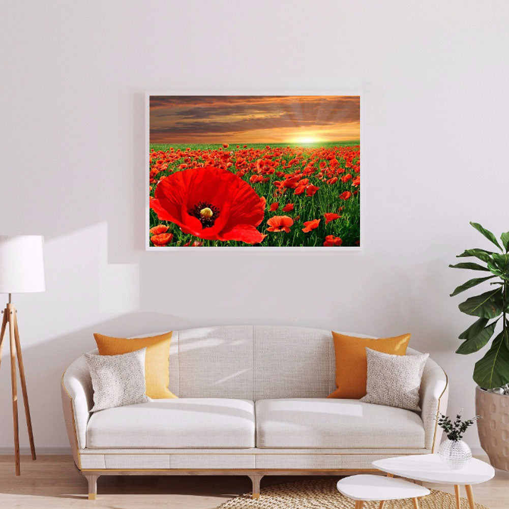 Sunset Flower Sea - Poppy - Full Round Drill Diamond Painting 40*30CM