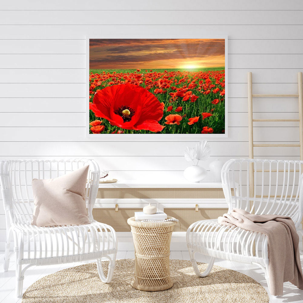 Sunset Flower Sea - Poppy - Full Round Drill Diamond Painting 40*30CM