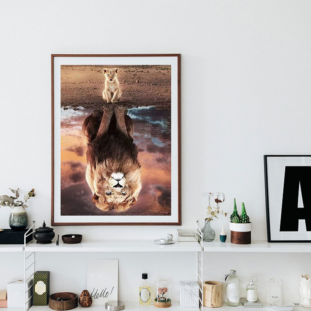 Cat Reflection Lion - Full Round Drill Diamond Painting 30*40CM