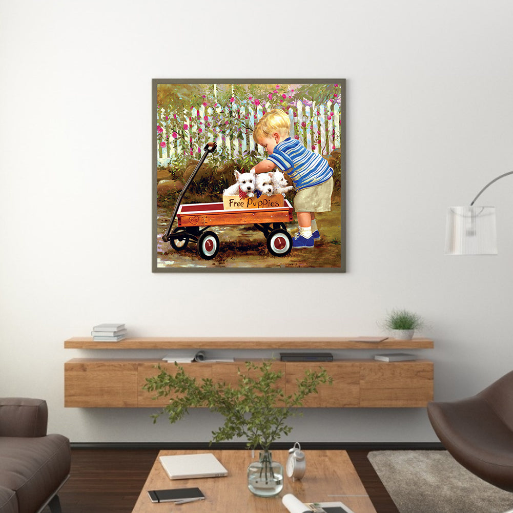 Little Boy Pushing A Dog - Full Square Drill Diamond Painting 50*50CM