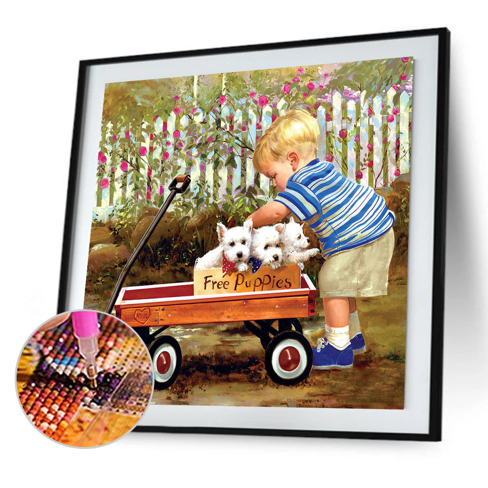 Little Boy Pushing A Dog - Full Square Drill Diamond Painting 50*50CM