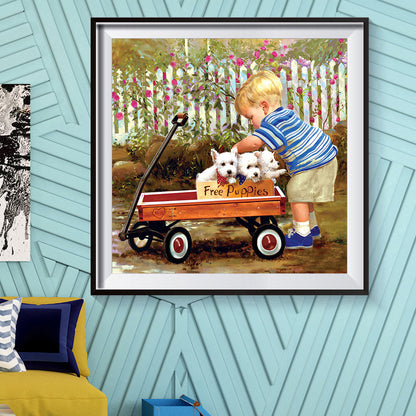 Little Boy Pushing A Dog - Full Square Drill Diamond Painting 50*50CM