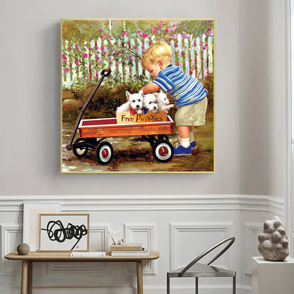 Little Boy Pushing A Dog - Full Square Drill Diamond Painting 50*50CM