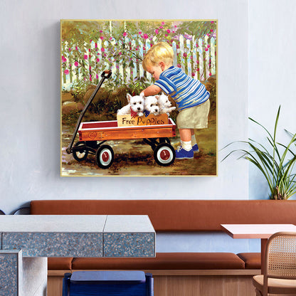 Little Boy Pushing A Dog - Full Square Drill Diamond Painting 50*50CM