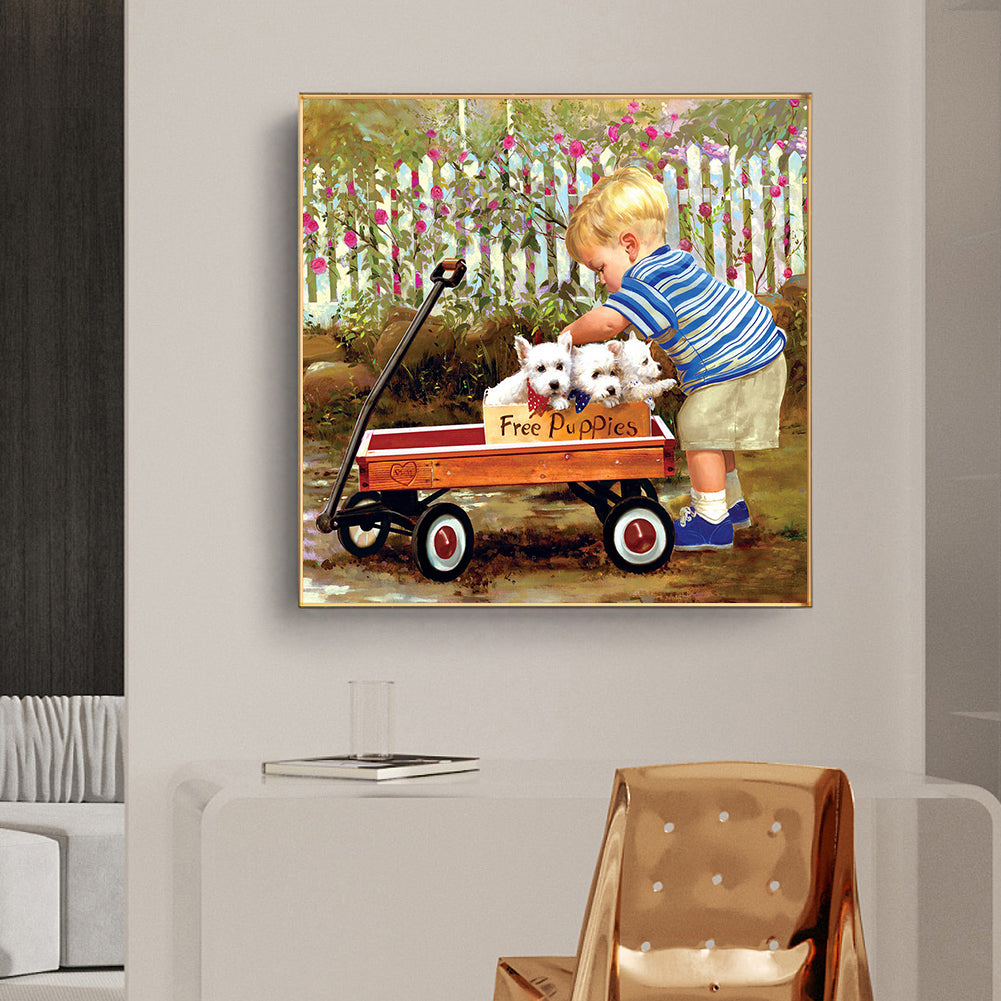 Little Boy Pushing A Dog - Full Square Drill Diamond Painting 50*50CM