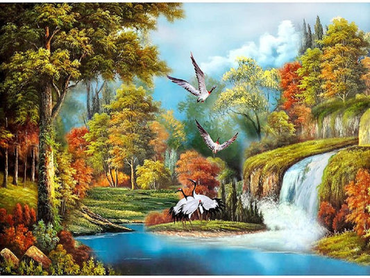 Waterfall Mountain Forest - Full Round Drill Diamond Painting 40*30CM