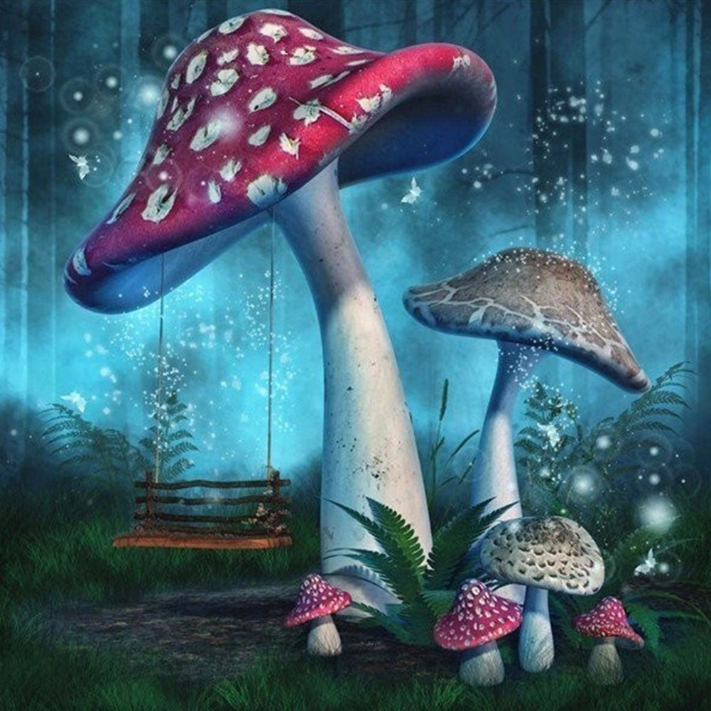 Big And Small Mushrooms In Blue Rainy Night - Full Round Drill Diamond Painting 30*30CM