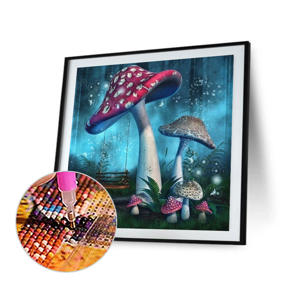 Big And Small Mushrooms In Blue Rainy Night - Full Round Drill Diamond Painting 30*30CM