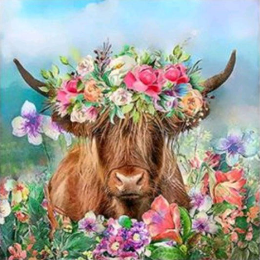 Cow Among Flowers - Full Round Drill Diamond Painting 30*30CM