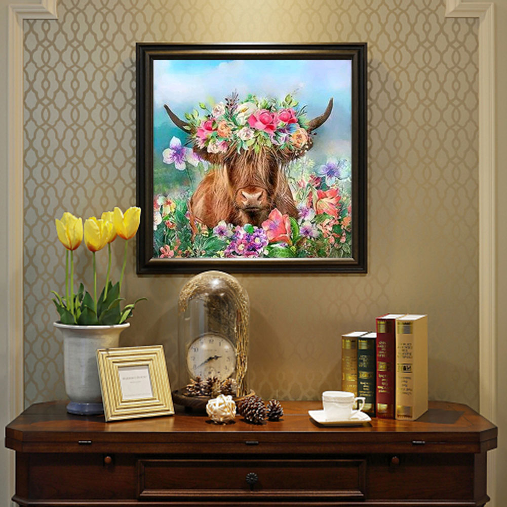 Cow Among Flowers - Full Round Drill Diamond Painting 30*30CM