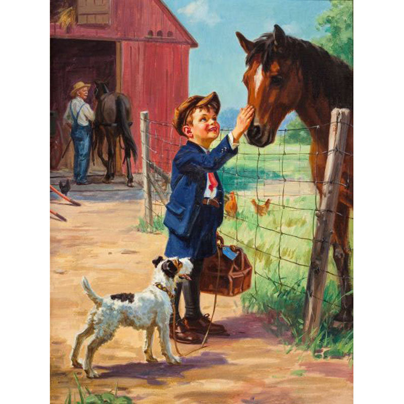 Little Boy Greeting Horse - Full Round Drill Diamond Painting 30*40CM