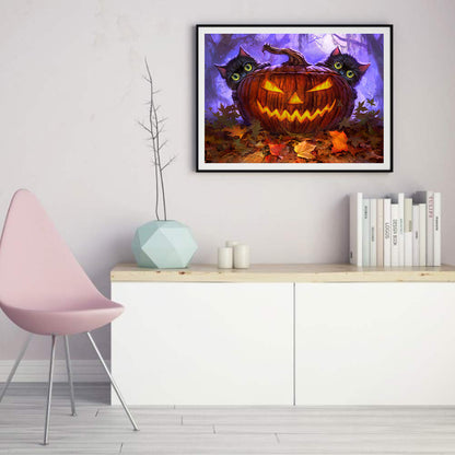 Black Cat Behind Pumpkin - Full Square Drill Diamond Painting 40*30CM