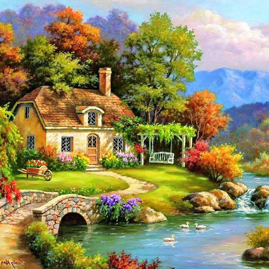 Oil Painting River Houses - Full Round Drill Diamond Painting 50*50CM
