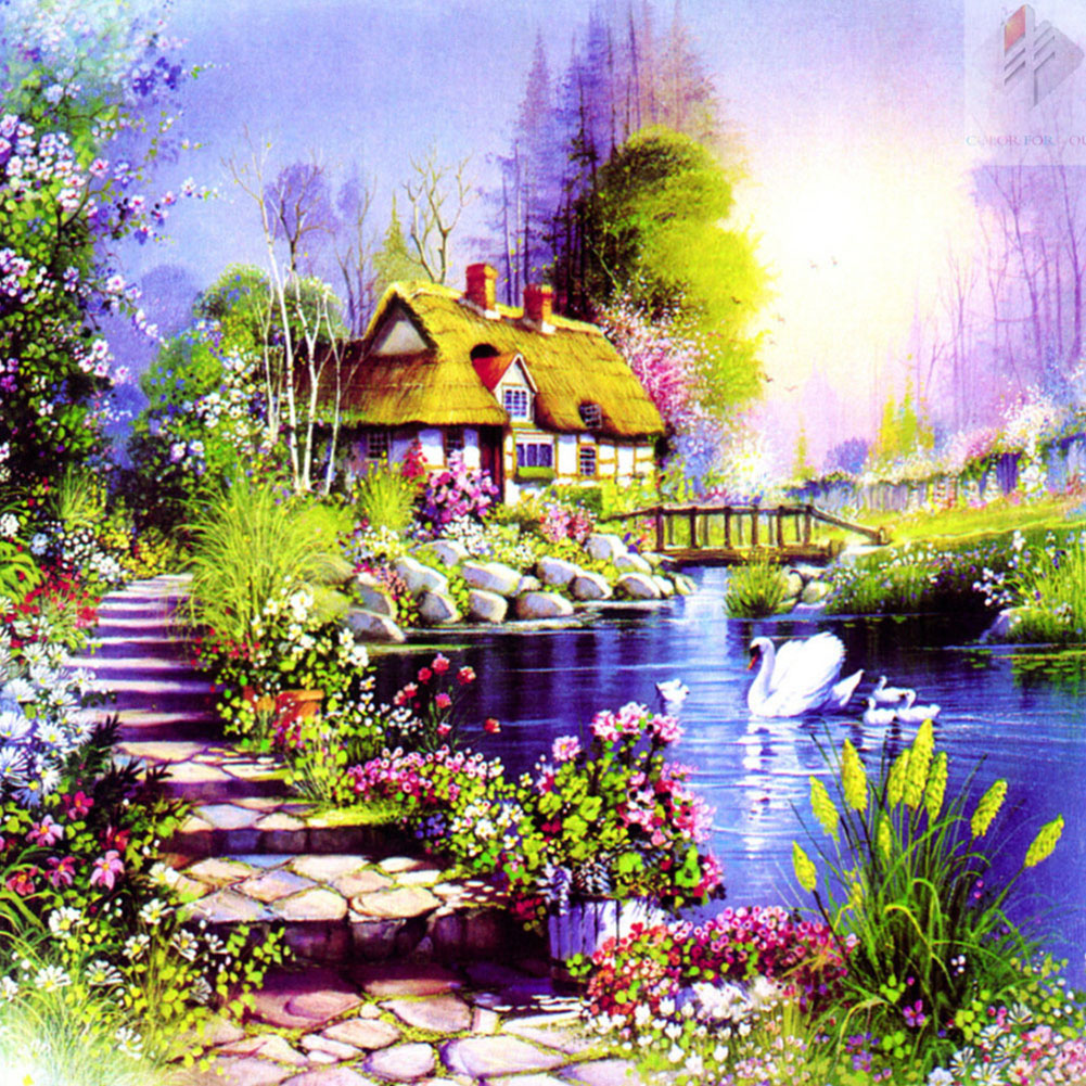 Thomas Kinkade Oil Painting Small Bridge And Flowing Water Family - Full Round Drill Diamond Painting 50*50CM