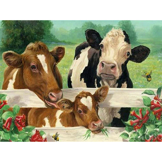 A Family Of Cows By The Fence - Full Square Drill Diamond Painting 40*30CM