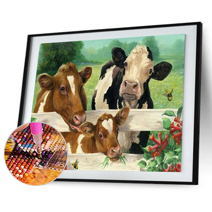 A Family Of Cows By The Fence - Full Square Drill Diamond Painting 40*30CM