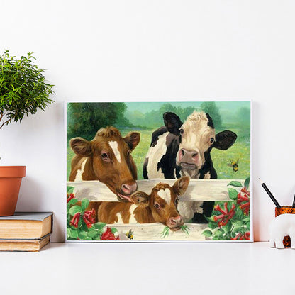 A Family Of Cows By The Fence - Full Square Drill Diamond Painting 40*30CM