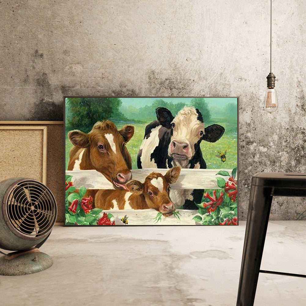 A Family Of Cows By The Fence - Full Square Drill Diamond Painting 40*30CM