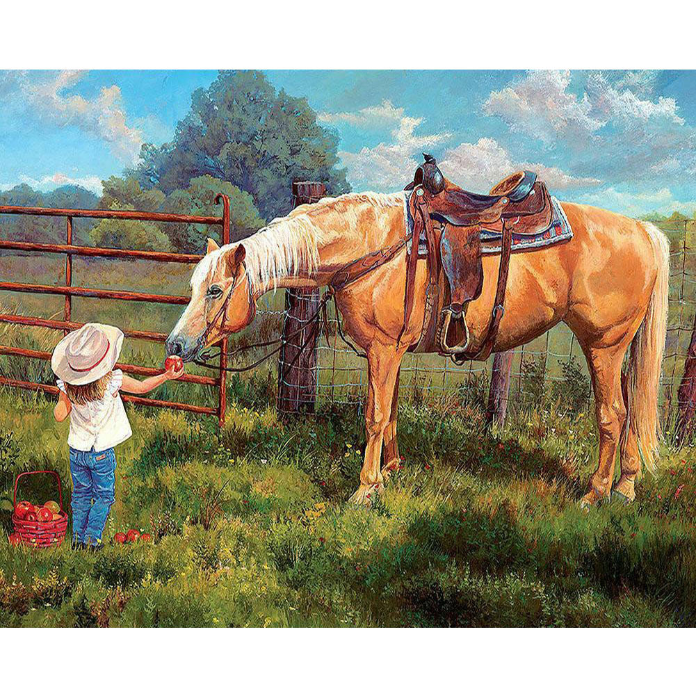 Little Girl Feeding Horse Apples - Full Round Drill Diamond Painting 50*40CM