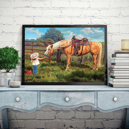 Little Girl Feeding Horse Apples - Full Round Drill Diamond Painting 50*40CM