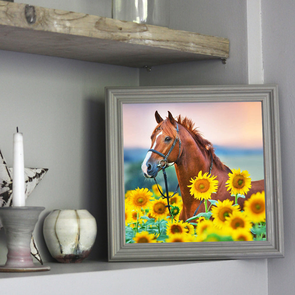 Red Horse In Sunflower Field - Full Square Drill Diamond Painting 30*30CM