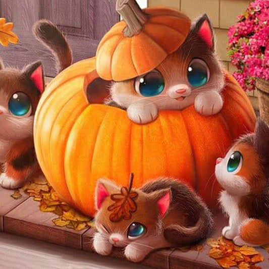 Big-Eyed Cat In Pumpkin - Full Round Drill Diamond Painting 40*40CM