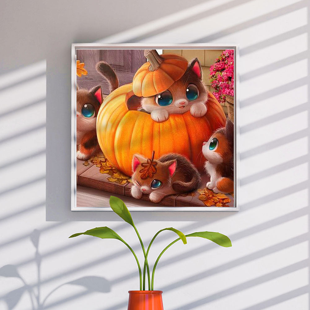 Big-Eyed Cat In Pumpkin - Full Round Drill Diamond Painting 40*40CM