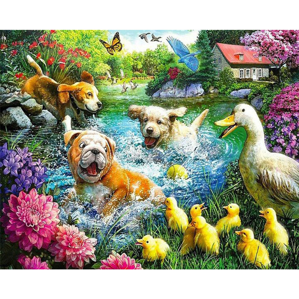 Pug Dog Playing With Duck - Full Round Drill Diamond Painting 40*30CM