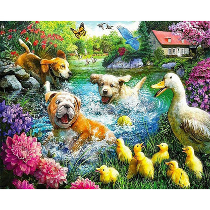 Pug Dog Playing With Duck - Full Round Drill Diamond Painting 40*30CM