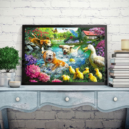 Pug Dog Playing With Duck - Full Round Drill Diamond Painting 40*30CM