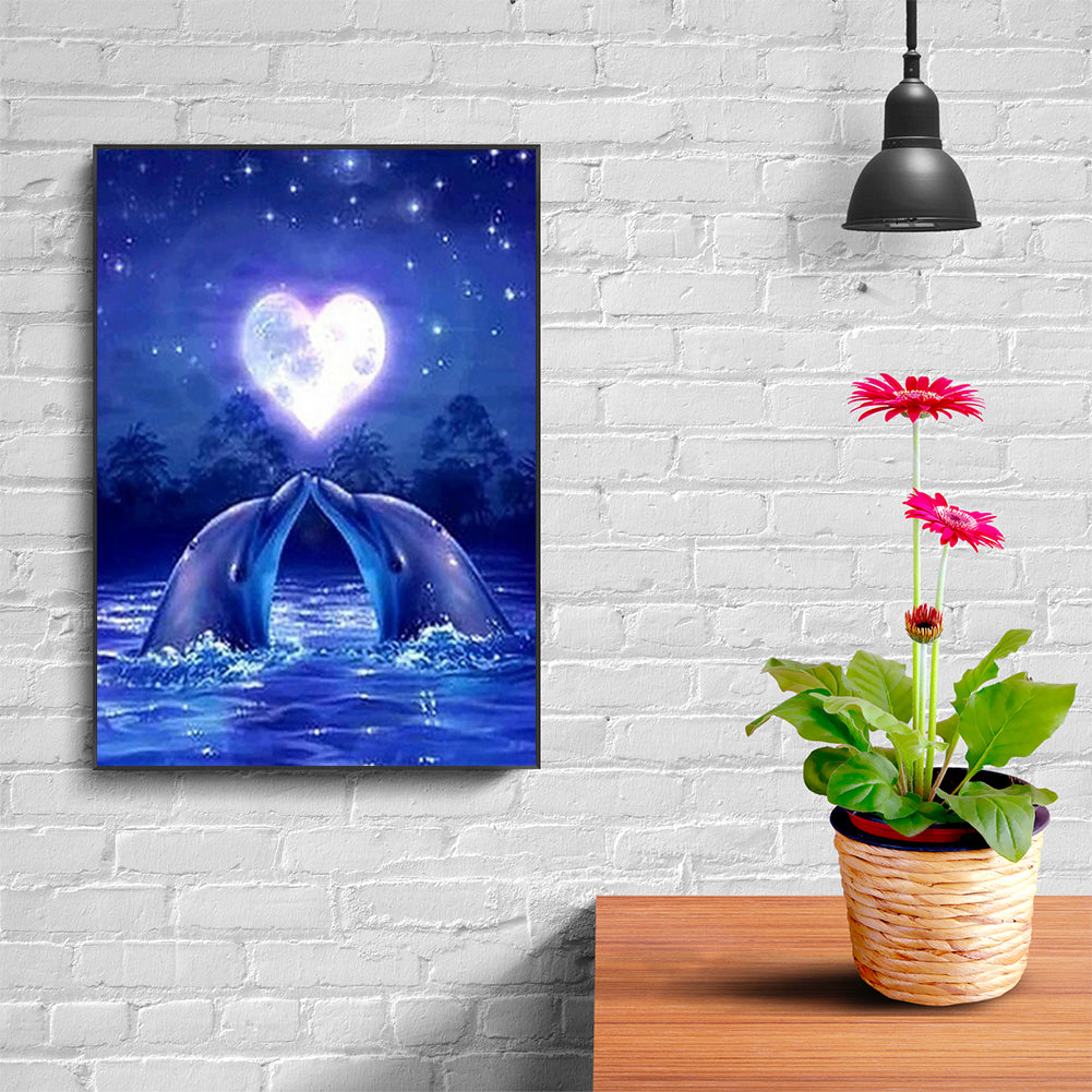 Dolphin Kiss Under The Moonlight Of Love - Full Round Drill Diamond Painting 40*50CM