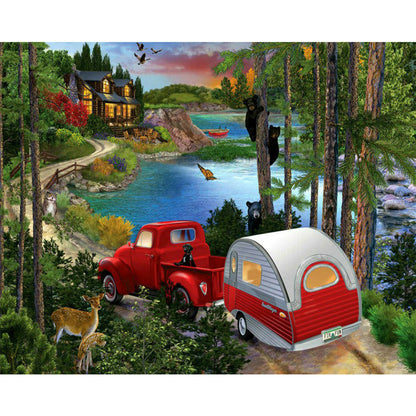 Forest House Little Red Car - Full Round Drill Diamond Painting 50*40CM