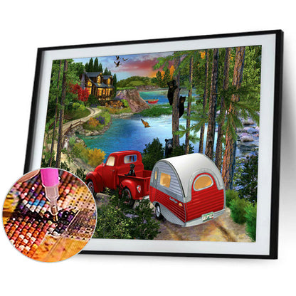 Forest House Little Red Car - Full Round Drill Diamond Painting 50*40CM