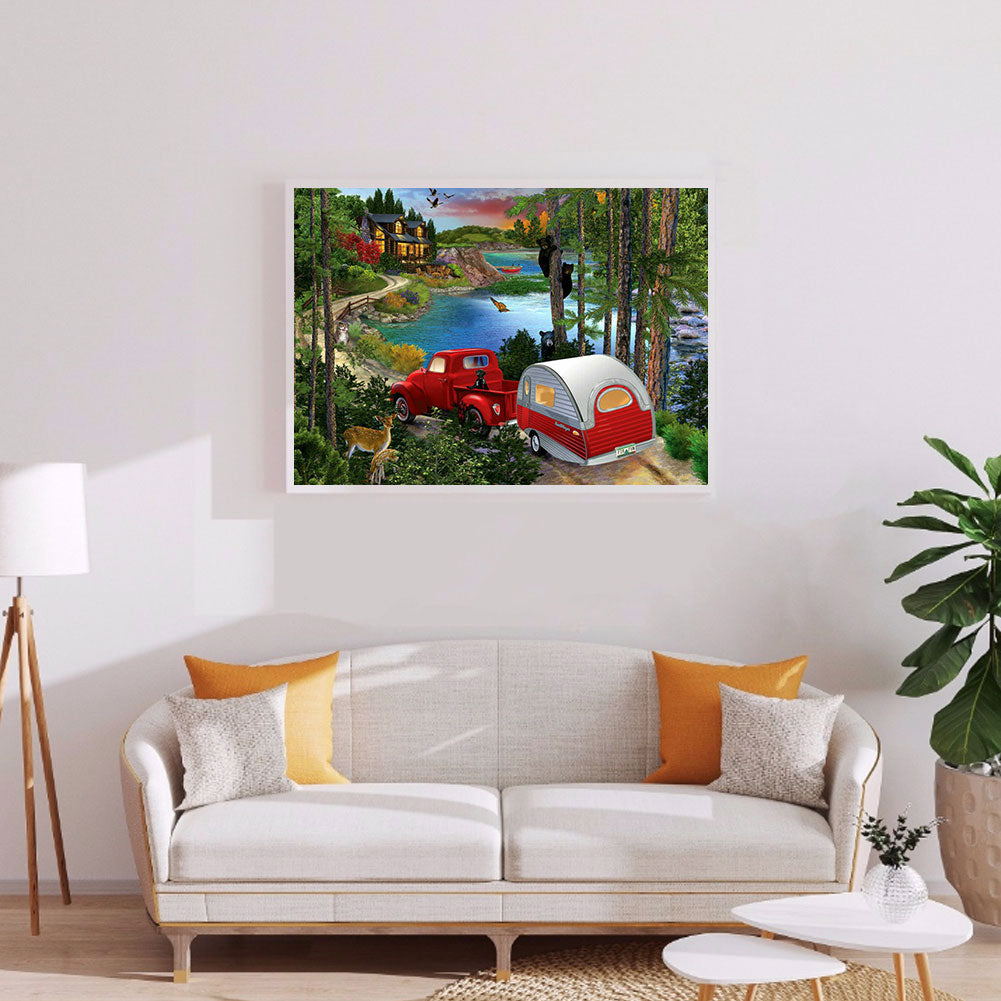 Forest House Little Red Car - Full Round Drill Diamond Painting 50*40CM